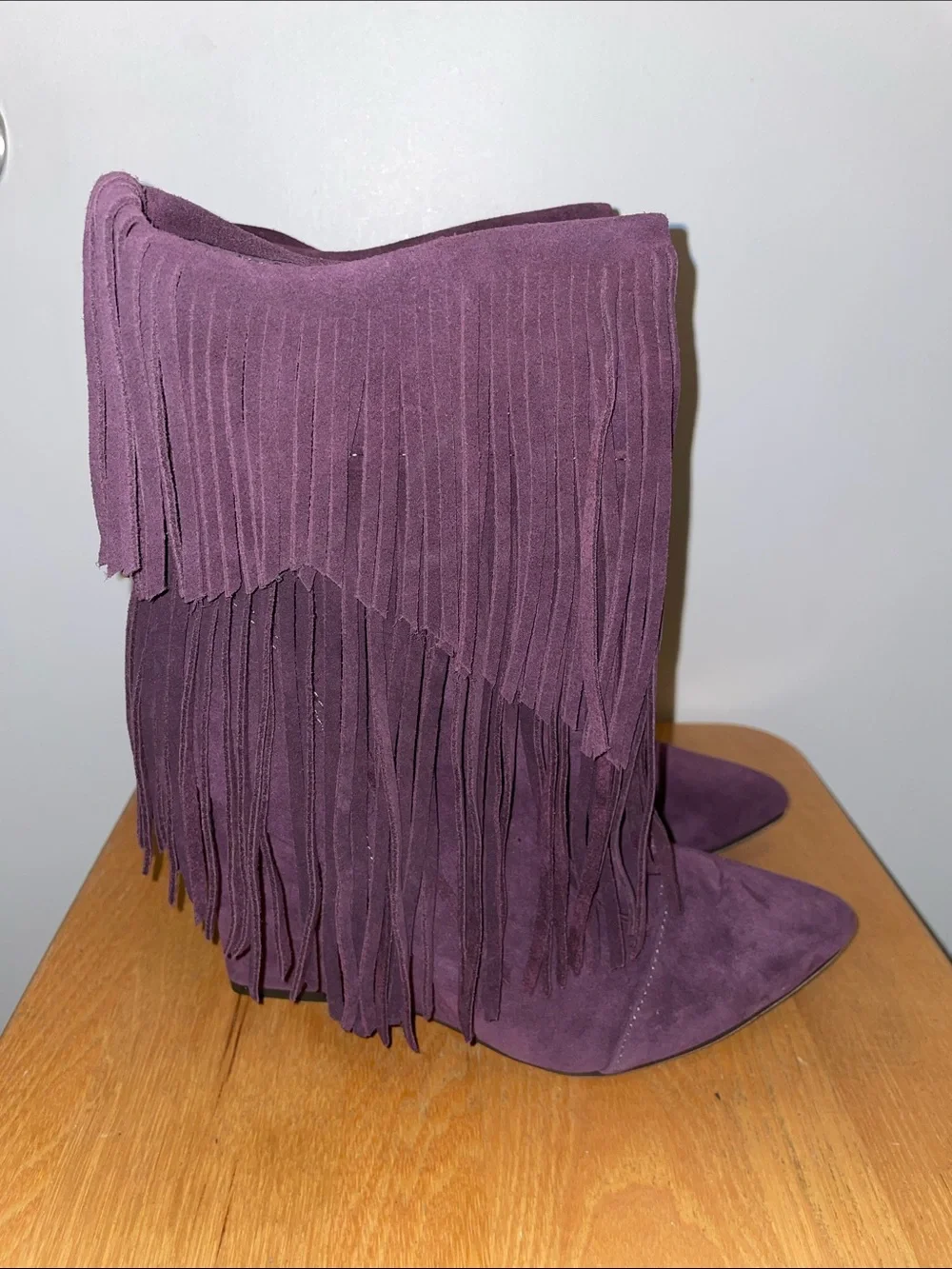 Lilliana Tesla-1 Fringe Wedge Booties - Plum Purple - New in Box Size 8